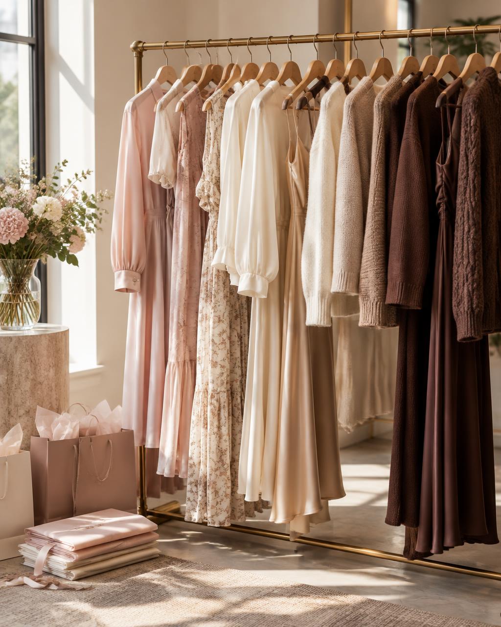 Rack de ropa femenina en tonos blush, marfil y chocolate en una boutique